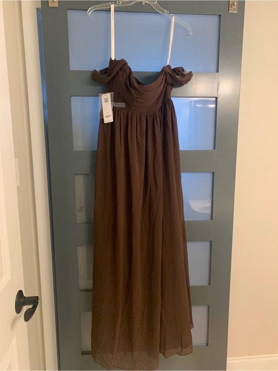 Azazie Dresses & Skirts - Azazie Bridesmaid Saige Ganache Brown Off-Shoulder Chiffon Maxi Dress